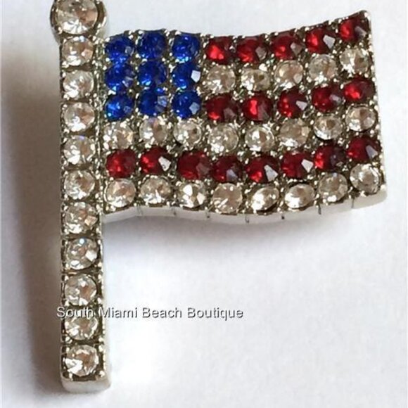 USA American Flag Pin Brooch Patriotic July 4th US Crystal Silver Plated 1.5" - Picture 3 of 12